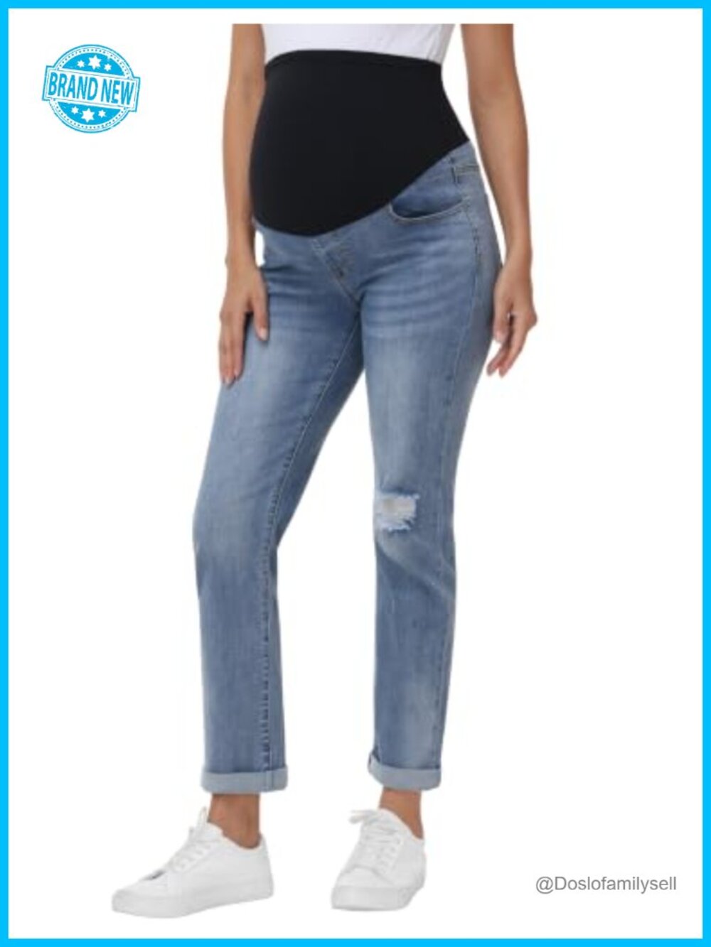 Ripped Maternity Boyfriend Jeans Straight Leg Denim Pants Stretch